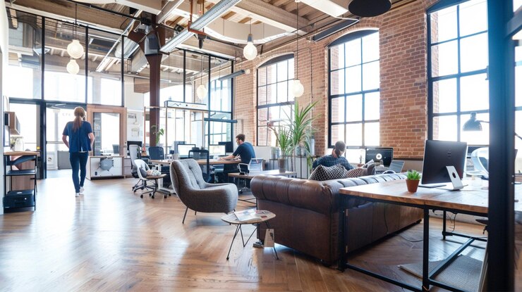 Photo modern openplan office with wooden floors stylish furniture and ample natural light creating