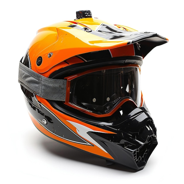 Modern orange and black motorcycle helmet on a white background