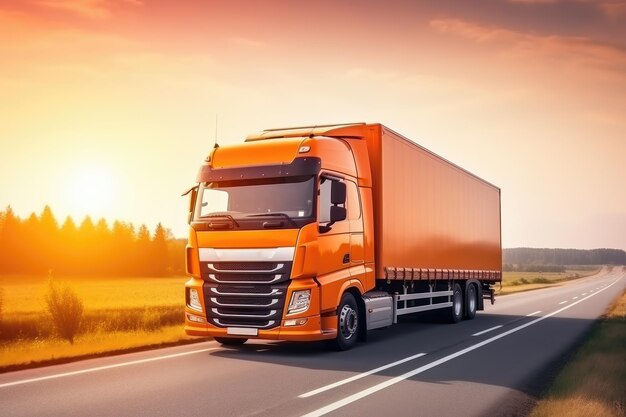 A modern orange cargo truck is driving on a rural highway bathed in the warm light