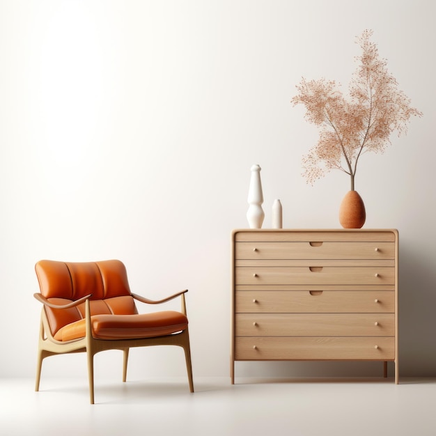 モダンなオレンジ色の椅子と木製ドレッサーのアンビエント オクルージョン デザイン