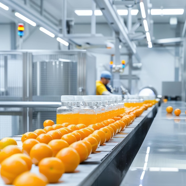 modern orange processing facility with stainless steel machines in industrial setting