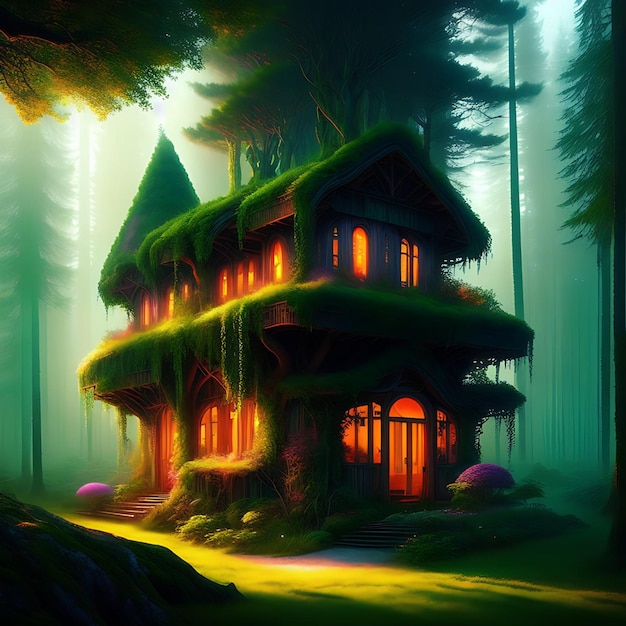 Современный органический дом в таинственном туманном лесу