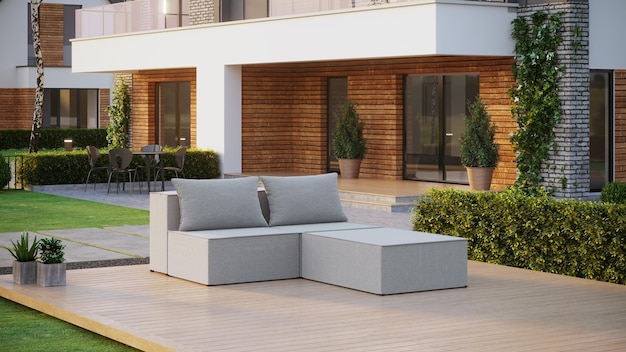 Foto moderno divano esterno a due posti e salotto davanti giardino intorno e paesaggio design esterno