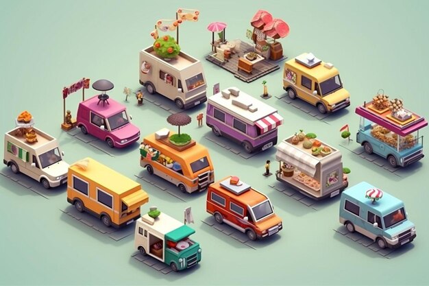 Photo modern pack of isometric food trucks