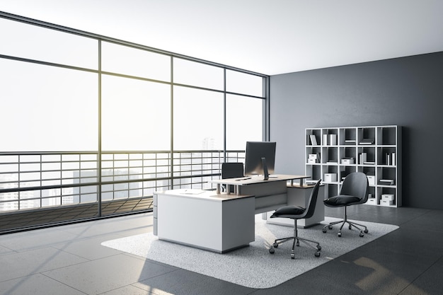 Modern panoramic workspace with computers