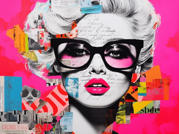 안경을 입은 아름다운 여성의 초상화와 함께 현대 종이 미술 사진 콜라지 다채로운 트렌디한 현대