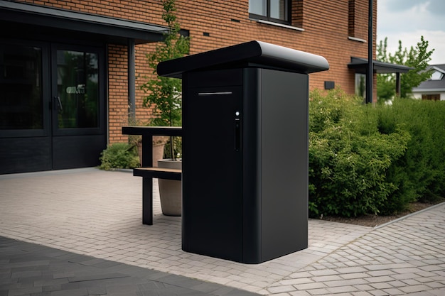 Modern parcel box with a sleek design standing on a well maintaine porch ready to receive package