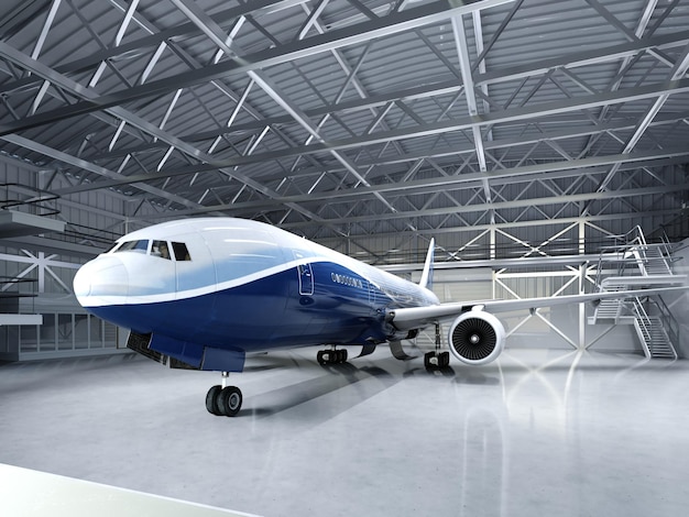 Modern passagiersvliegtuig in de hangar 3D-rendering