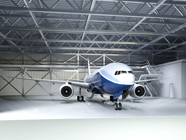 Modern passagiersvliegtuig in de hangar 3D-rendering