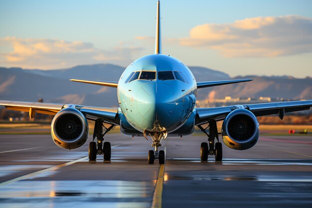 Современный пассажирский самолет на аэродроме на фоне живописного заката
