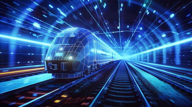 Современный пассажирский поезд проезжает через туннель, сияющий очаровательными голубыми огнями