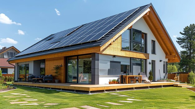 Photo modern passive house with photovoltaic system sustainable living solution