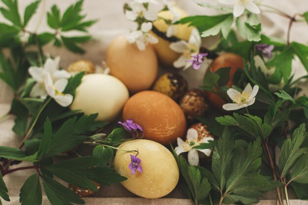 Modern pastel easter eggs with spring flowers on rustic linen cloth Happy EasterRural still life