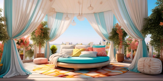современный внутренний дворик, украшенный подвесными подушками на полу кушетки и балдахином из развевающихся штор