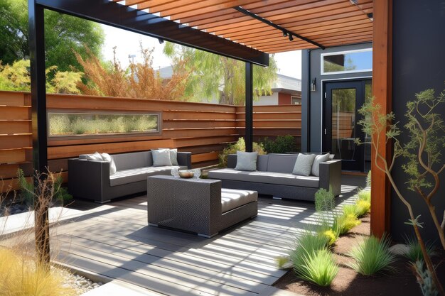 Modern patio and deck with sleek furnishings and modern accents