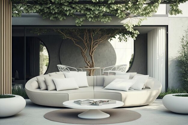 Modern patio with comfortable sofa in white tones and original round table created with generative a