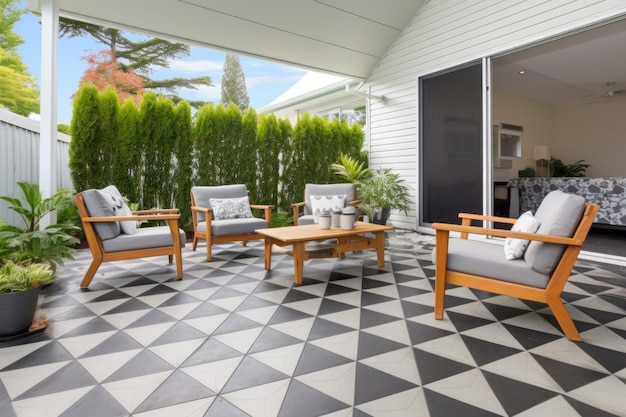 Photo modern patio with irregular patterned floor tiles