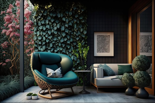 Modern patio with luxury interior design and comfortable armchair created with generative ai