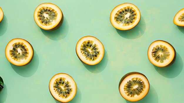 Foto moderno disegno di un frutto della passione fresco tagliato a metà su uno sfondo verde pastello