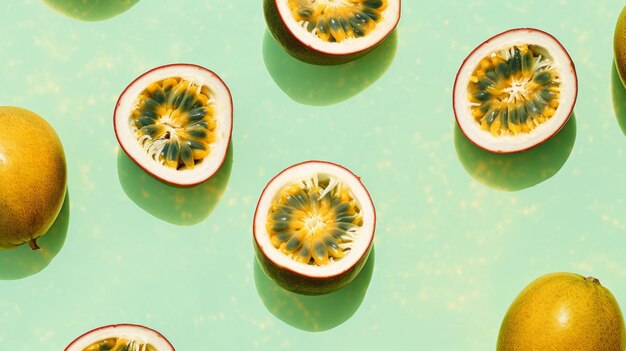 Photo modern pattern of half sliced and whole fresh passion fruit on a pastel green background top view