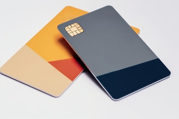 흰색 배경에 칩 모형이 있는 현대 결제 필수 파란색 및 노란색 신용 카드