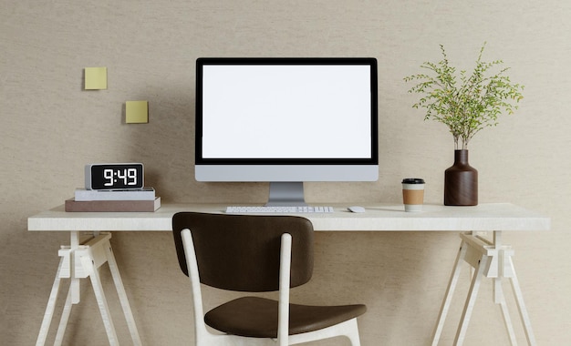 現代の PC コンピューターの空白の画面モックアップが、現代の最小限のホーム オフィスの 3 d レンダリング図のテーブルの上にあります。