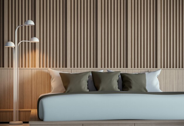 Modern peaceful bedroom interior 3D Render Minimalist styleThere are decorate wall with wood