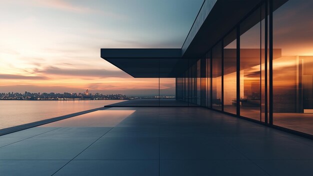 a modern penthouse building with large glass windows overlooking the sea and the city