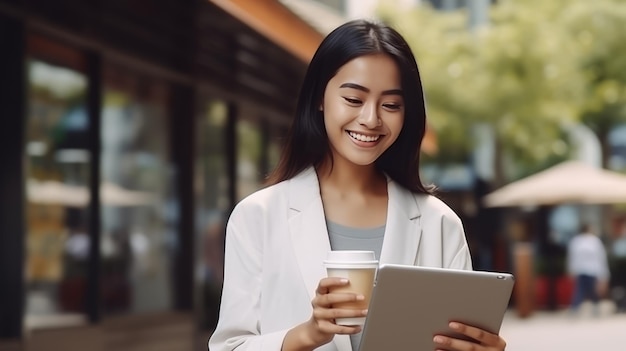 Modern people young asian woman with tablet drinks coffee on street using app smiling