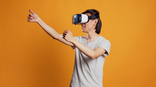Modern person using vr glasses for 3d simulation person