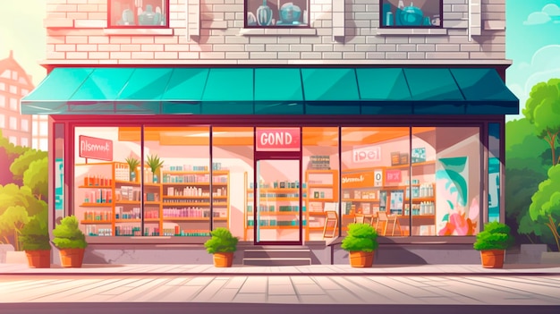 Modern pharmacy building facade with large window showcasing the interior generative ai