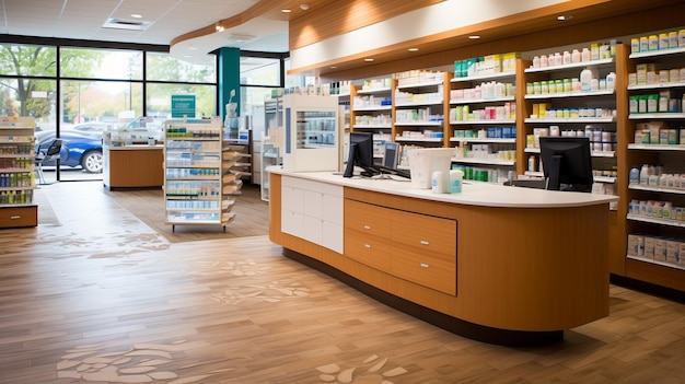 Foto interni di farmacia moderni senza persone