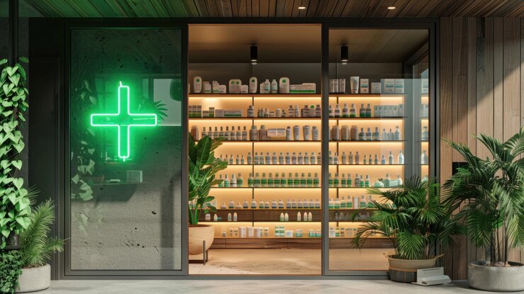 Modern Pharmacy Storefront with Green Neon Sign