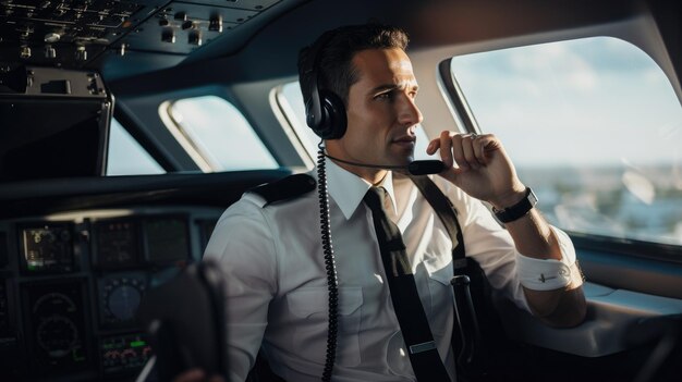 Photo modern photo of a commercial pilot talking on his cell phone in the cockpit