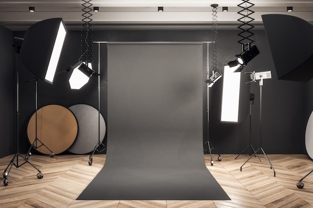 Фото Современный интерьер фотостудии с профессиональным оборудованием на черном фоне и деревянным полом mock up 3d rendering
