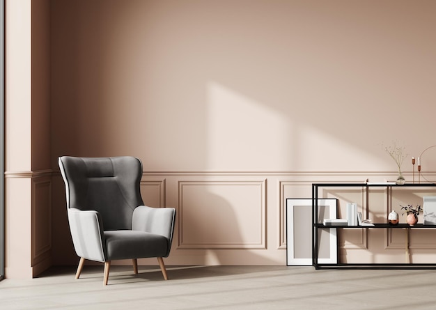 グレーの椅子の木製の床と装飾 3 d レンダリングとコンソールをパネルのモールディングとモダンなピンクのクラシック インテリア