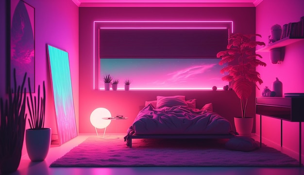 Современный дизайн интерьера спальни в розовом цвете AI Сгенерированное изображение