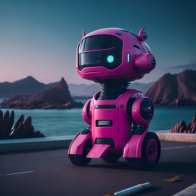 A modern pink delivery robot with city in the background Generative AI