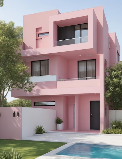 Modern pink house architecture design with elegant clean lines and details in pink tones