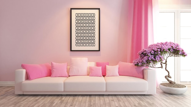 Modern pink interior design with pink seat and bonsai treexA