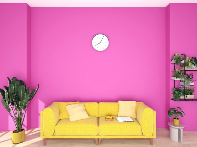 Modern pink living room with yellow sofa 3d rendering