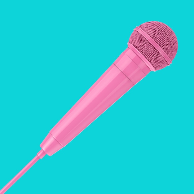 Modern Pink Microphone in Duotone Style on a blue background. 3d Rendering