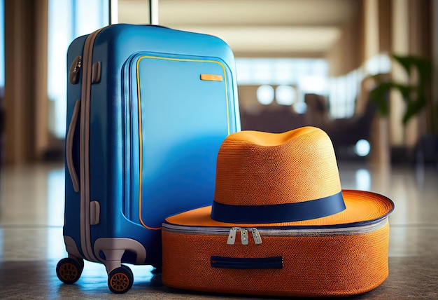 Modern plastic suitcases on wheels in blue and orange with a sun hat at the train station or airport lobby travel concept Generative AI