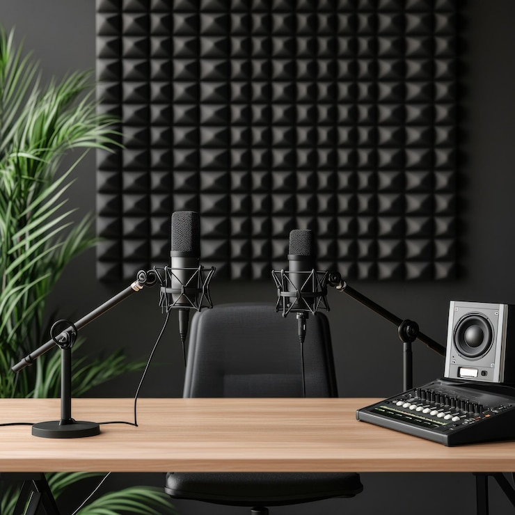 Photo modern podcast studio with microphones mixer and acoustic panels