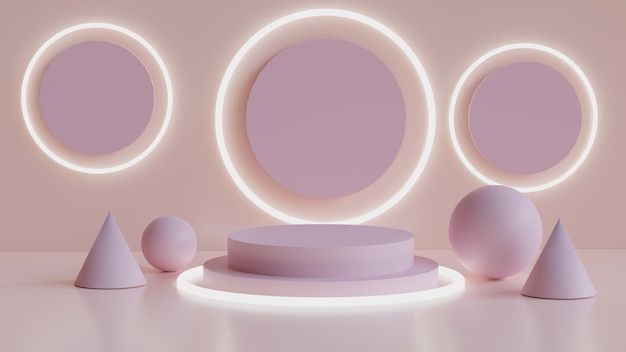 Modern podium product with white circle neon 3D renderings