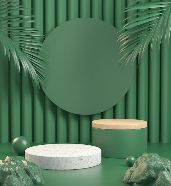 Modern Podium With Green Natural Concept. 3d Render