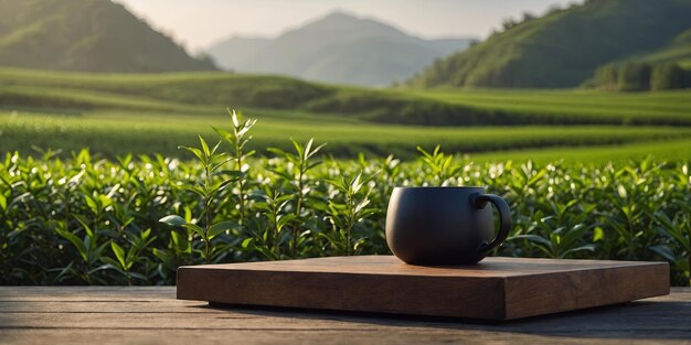 Photo modern podium with green tea field background