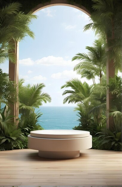 A modern podium with tropical plant and nature background
