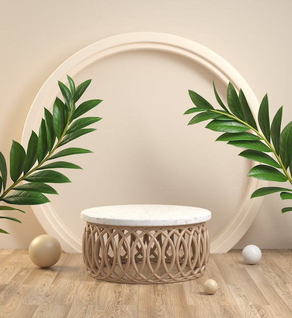 Modern Podium Wood And Marble Shape With Plant On Wood Floor. 3d Render