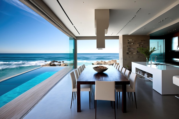 Modern pool home dining and living room with a view of the ocean